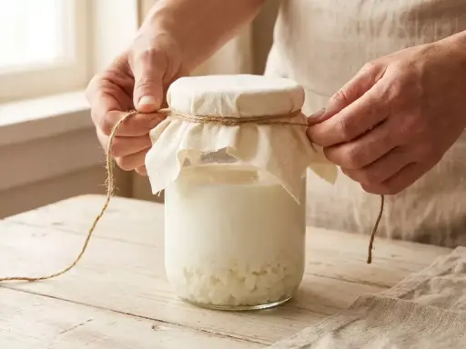 Hände binden ein Tuch mit Schnur um ein Glas mit Kefir-Körnern und Milch. So einfach kann man Kefir selber machen.