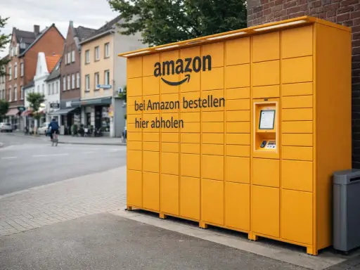 Żółty automat paczkowy Amazon na niemieckiej ulicy. Wygodne odbieranie zamówień z portali ogłoszeniowych Niemcy.