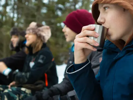 Barn njuter av fika under friluftsdag aktiviteter i snöig skog. En pojke dricker ur en metallmugg.