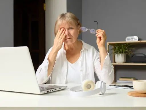 Zmęczona kobieta pociera oko, patrząc na ekran laptopa, który emituje niebieskie światło. Obok leżą okulary i słuchawki.