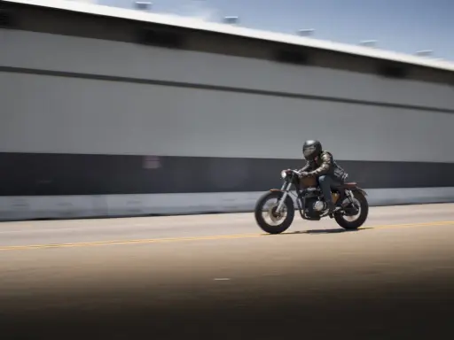 Motociclista con casco y chaqueta de cuero sobre una moto estilo cafe racer, en movimiento rápido por una carretera. El carmet a2 es su compañero de aventuras.