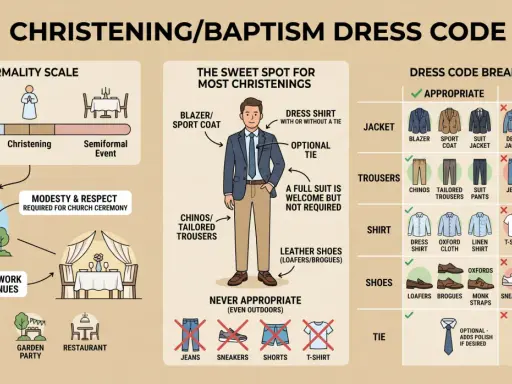 Guide to what to wear to a christening: opt for a blazer, dress shirt, chinos, and leather shoes. Avoid jeans, sneakers, and t-shirts.
