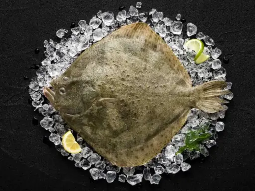 Ein ganzer Butt Fisch liegt auf Eis, garniert mit Zitronen- und Limettenspalten.