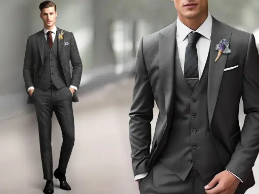 A man models a sharp grey suit with a white dress shirt, dark tie, and boutonnière. Perfect for any formal occasion.