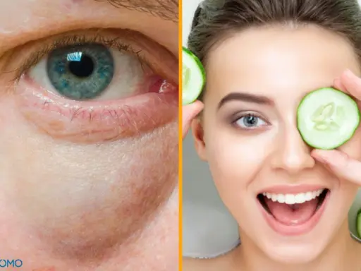 Ojo con bolsas y ojeras, y una mujer sonriente con rodajas de pepino, mostrando remedios caseros para las bolsas en los ojos.