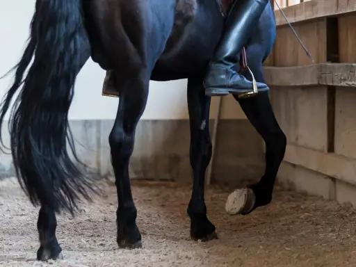 Ein schwarzes Pferd mit langer Mähne bewegt sich im Kreis. Der Reiter trägt schwarze Reitstiefel und sitzt auf dem **schenkelweichen Pferd**.