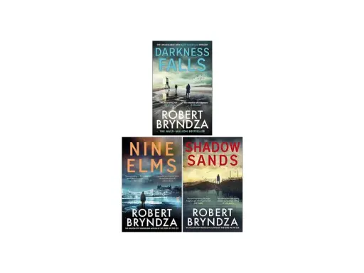 Copertine di libri di Robert Bryndza: "Darkness Falls", "Nine Elms" e "Shadow Sands". Thriller avvincenti.