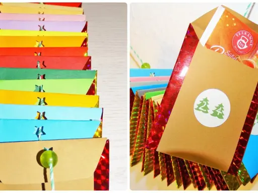 Bunte Umschläge für einen Tee Adventskalender selber machen. Kleine Sterne und Zahlen zieren die Päckchen.