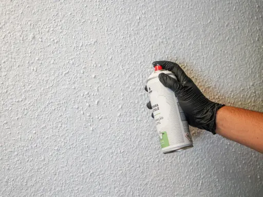 Mano con guante negro aplica spray para reparar gotelé. La pared tiene textura rugosa y blanca.