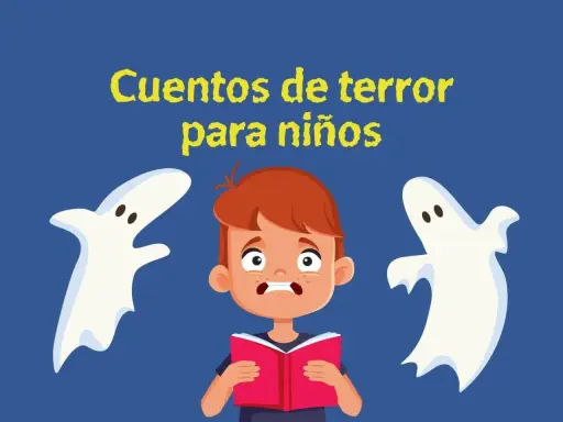 Un niño asustado lee un libro de cuentos de terror para niños, rodeado de fantasmas juguetones.