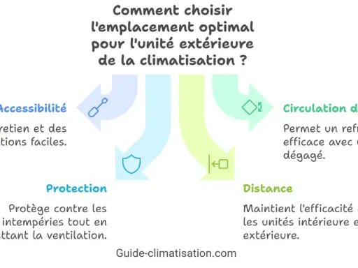 Schéma expliquant où placer unité extérieure climatisation : accessibilité, protection, circulation d'air et distance sont clés.