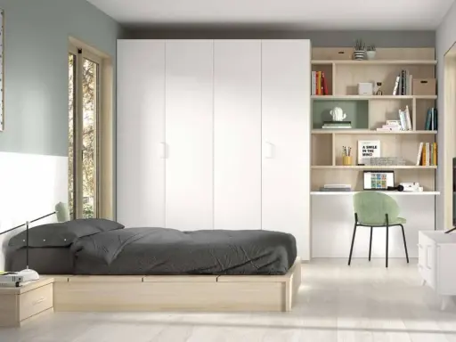 Habitación moderna con cama juvenil 135x190, armario blanco, escritorio y estanterías.