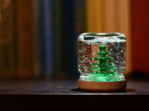 Ein selbstgemachter Schneekugel-Traum: Ein grüner Mini-Tannenbaum in einem Glas mit glitzerndem Schnee, bereit zum Schütteln.