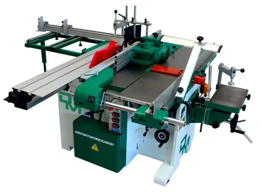Máquina combinada de carpintería con sierra, cepilladora y fresadora, lista para transformar madera.