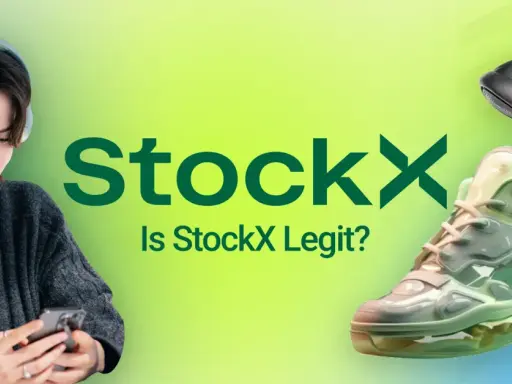 Dziewczyna w słuchawkach sprawdza na telefonie, czy StockX jest legit. Obok logo StockX widnieją dwa modele butów.