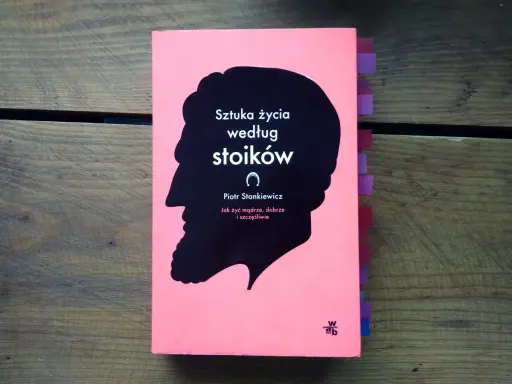 Okładka książki "Sztuka życia według stoików" Piotra Stankiewicza. Stylizowany profil męskiej głowy na różowym tle.
