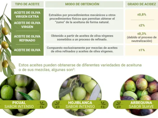 Aceite de oliva, un aceite vegetal, se clasifica por su obtención y acidez. Se muestran variedades como Picual, Hojiblanca y Arbequina.