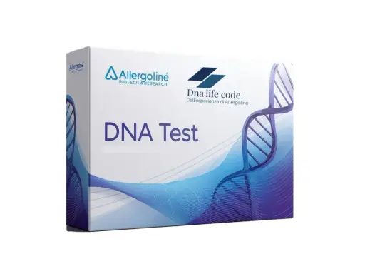 Scatola di un test del DNA di Allergoline, con il significato della delezione genetica implicito nella sua analisi.