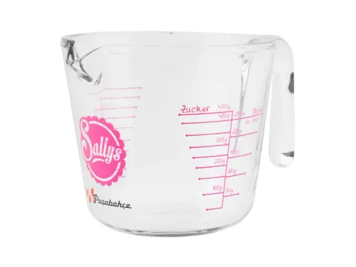 Glas-Messbecher mit rosa Markierungen für Zucker und Mehl. Ideal, um 1 ml abzumessen ohne Messbecher.