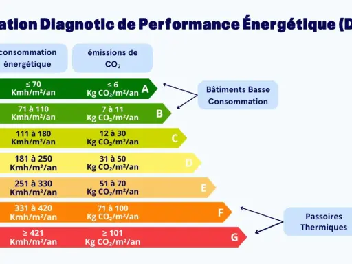 Tableau du DPE classant les logements de A à G selon leur consommation énergétique et leurs émissions de CO2. Un DPE élevé peut entraîner une augmentation du loyer.
