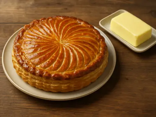 Une belle galette frangipane noisette dorée, prête à être dégustée, avec une plaquette de beurre à côté.