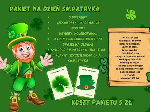 Zielony pakiet na Dzień Św. Patryka: skrzat, koniczyna, kapelusz, girlandy, ciekawostki, dyplomy, memory, kolorowanki, opaski. Symbole Św. Patryka.