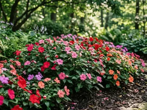 A vibrant bed of growing impatiens in shades of pink, red, and orange blooms along a stone path, nestled amongst lush green foliage and trees.