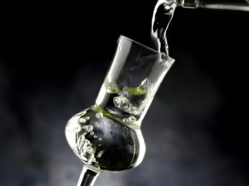 Klarer Grappa wird in ein Glas gegossen. Die Frage "wie viel prozent hat grappa" wird durch die klare Flüssigkeit und die Bläschen im Glas angedeutet.