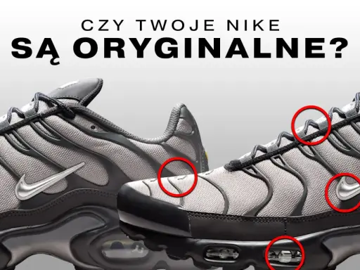 Porównanie butów Nike Air Max, gdzie czerwone kółka wskazują potencjalne różnice między oryginałami a podróbkami.