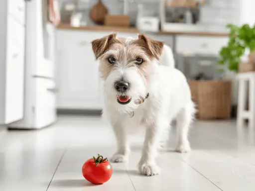 Uroczy piesek w kuchni zastanawia się, czy pies może jeść pomidory. Obok niego leży czerwony pomidor.