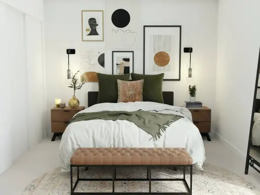 Dormitorio moderno con cama, arte abstracto y espejos en el dormitorio bien situados que amplían el espacio.