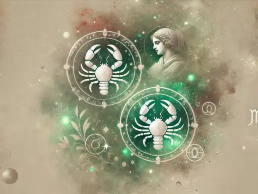 Dwa symbole zodiaku Rak, jeden z zieloną obwódką, a drugi z szarą. Obok profil kobiety i symbol Panny.