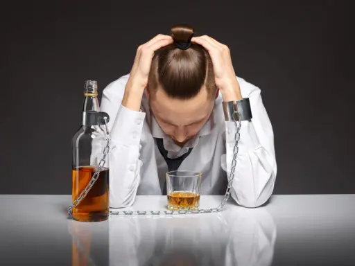 Mężczyzna w kajdanach, przykuty do butelki i szklanki z alkoholem, symbolizuje uzależnienie od piwa i jego niszczycielską siłę.