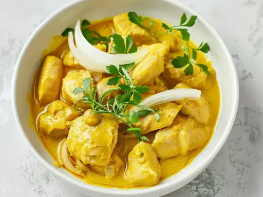 Kyckling i krämig currysås, perfekt för ett snabbt currysås recept. Garnerad med lök och persilja.
