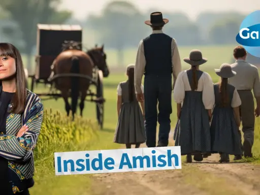 Eine Frau blickt in die Kamera, während im Hintergrund eine Amish-Familie mit Pferdekutsche auf einem Feldweg geht.