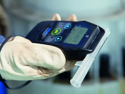 Alcoblow instrukcja: urządzenie gotowe do użycia, trzymane w rękawicy.