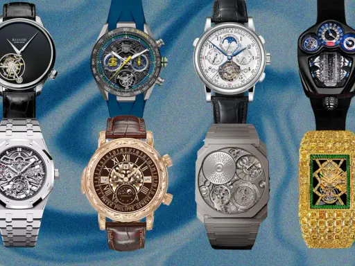 Collezione di orologi di lusso, tra cui un Patek Philippe con tourbillon, che illustra il significato di alta orologeria.