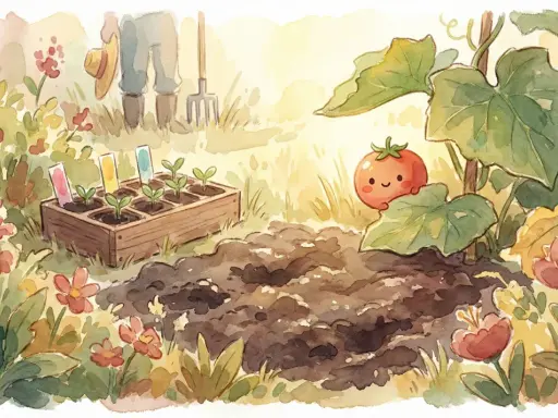 Un huerto soleado con plantones listos para sembrar. ¡Es el momento perfecto para saber qué plantar en abril y ver crecer un tomate sonriente!