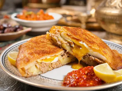 Un délicieux brick à l'oeuf, garni de thon et de pommes de terre, coule de sa sauce onctueuse. Servi avec du citron et une sauce piquante.