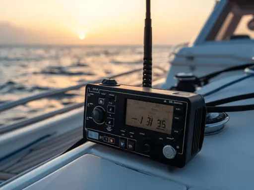 Radio VHF sur un bateau au coucher du soleil. Le classement VHF est essentiel pour la sécurité en mer.