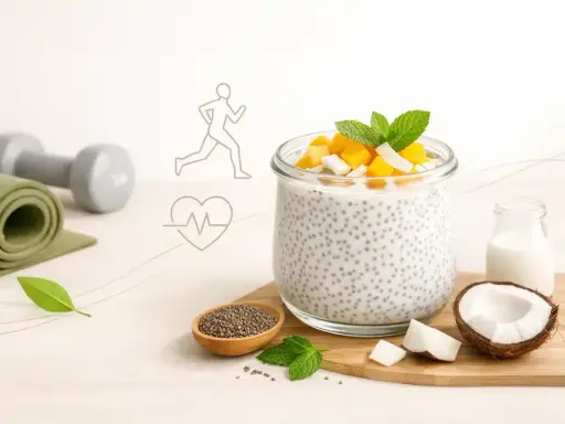 Zdrowy deser z chia z mlekiem kokosowym, ozdobiony mango i miętą. Obok leżą sztangi, mata do ćwiczeń i ikony symbolizujące zdrowy styl życia.
