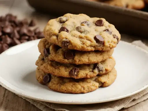 Pile de cookies aux pépites de chocolat, parfaits pour une recette de cookies moelleux. Des pépites de chocolat en arrière-plan.