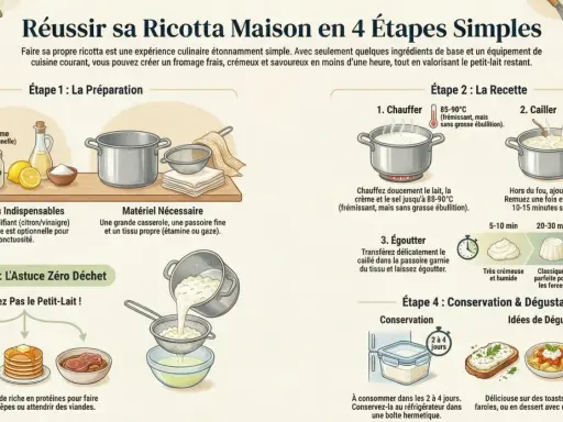 Guide pour réussir sa ricotta maison en 4 étapes simples : ingrédients, préparation, recette et dégustation.