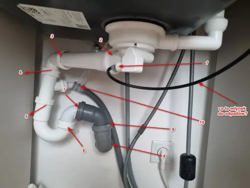 Instalacja hydrauliczna pod zlewem, pokazująca jak zrobić odpowietrzenie WC. Widoczne rury, syfon i podłączenie do gniazdka.