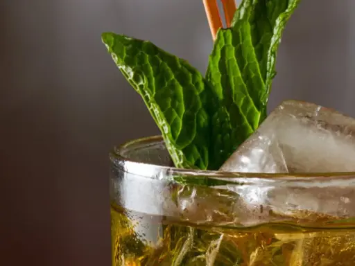 Ein erfrischender Mint Julep mit Eis und Minzblättern, bereit zum Genießen.