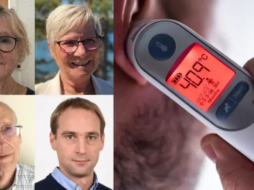 Kan man få feber av stress? Fyra porträtt av äldre personer och en närbild på en termometer som visar 40.9°C.
