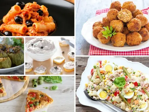 Collage di piatti: pasta al sugo e olive, polpette, zucchine ripiene, tartine, pizza e insalata di riso con specie di tonno.