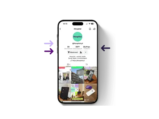 Profil iHospital na TikToku, pokazujący jak skonfigurować iPhone. Widoczne filmy o serwisie Apple i porady.