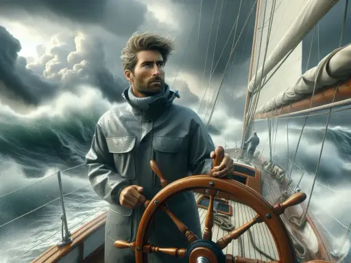 Un homme au gouvernail d'un bateau dans la tempête, affrontant les vagues déchaînées sous un ciel orageux.