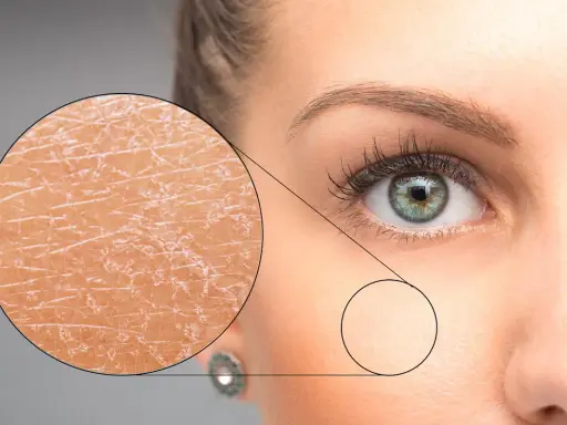 Gros plan sur un œil et une partie du visage d'une femme, avec un zoom montrant la **peau sèche du visage** craquelée et une autre zone plus lisse.